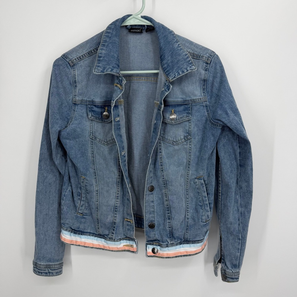 Esmara Denim Jacket Womens‎ 8 Blue Stripe Hem Button Front Stretch